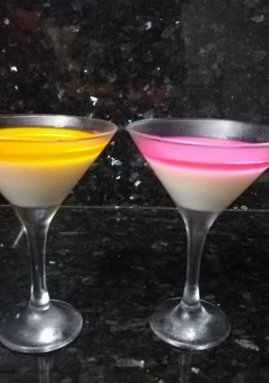 A picture of Milk pudding with orange and rose jello.