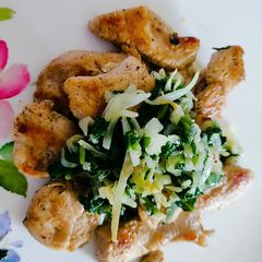 A picture of Chicken Breast Roast with Sauteed Spinach and Cabbage 🥬.