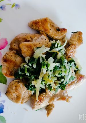 A picture of Chicken Breast Roast with Sauteed Spinach and Cabbage 🥬.