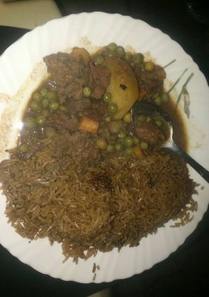 A picture of Pilau with beef stew.