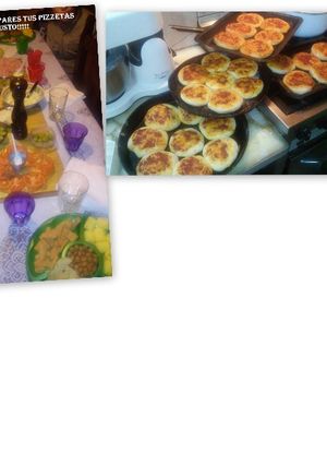 Una foto de Pizzetas y mesa preparada para que le pongan arriba lo que quieran los comensales