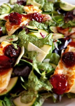 A picture of Roasted cherry and halloumi salad.
