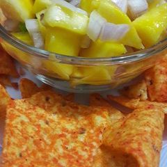 A picture of 🍁🍀🍁MANGO SALSA🍁🍀🍁 WITH DORITOS (tortilla chips) #ramadankitiyari.