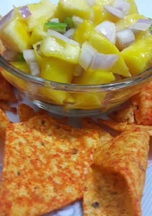A picture of 🍁🍀🍁MANGO SALSA🍁🍀🍁 WITH DORITOS (tortilla chips) #ramadankitiyari.