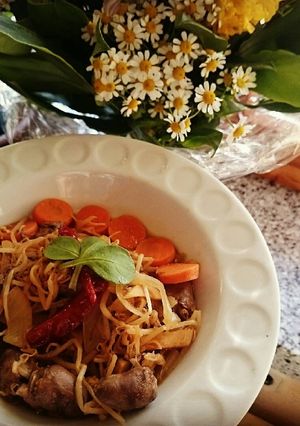 A picture of Chicken Hearts Stir Fry with Bean Sprouts and Carrots.