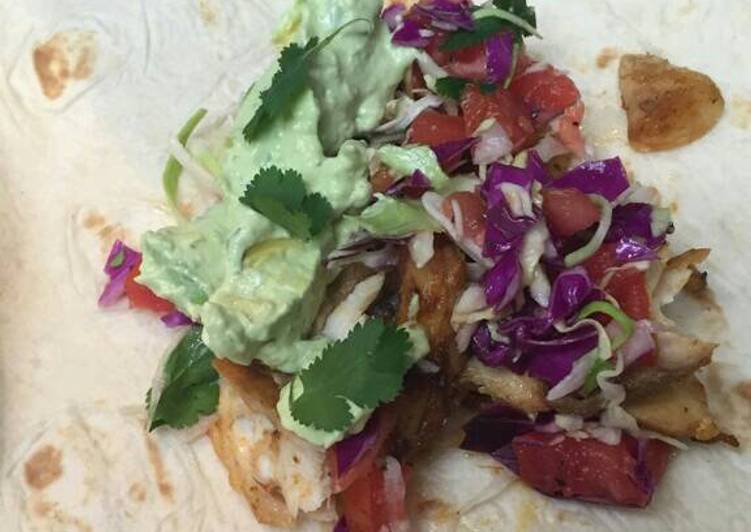 Fish tacos with avocado lime sauce