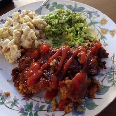 A picture of Mexican Meatloaf with Baked Mac n' Cheese and Cheesy Broccoli.