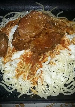 A picture of Greek Reddened Veal with Pasta and Grated Myzithra / Μοσχάρι κοκ.