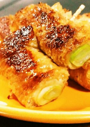 A picture of Grilled Scallion-Stuffed Fried Tofu Skewers.