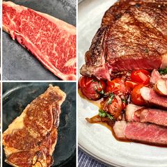 A picture of Pan Seared Wagyu Bone-In Strip Steak with Tomato and Shallot Pan Sauce.
