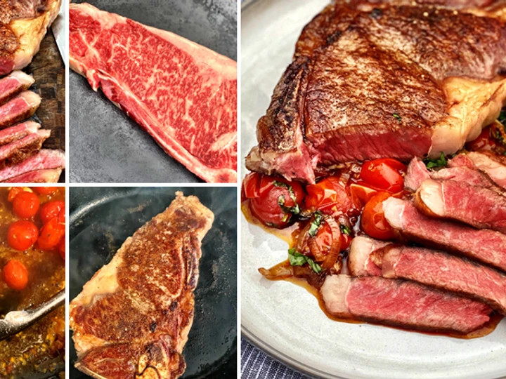 Simple Way Prepare Recipe Pan Seared Wagyu Bone-In Strip Steak with Tomato and Shallot Pan Sauce that is Can Pamper Your Tongue, So Delicious}
