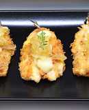 Sarde fritte con carasau, crema di patate e cipolla caramellata