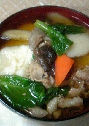 A picture of Grandma’s Kenchin-jiru (Vegetable Soup with Dumplings).