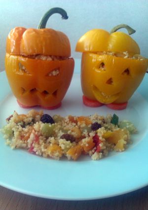A picture of Vickys Spooky Stuffed Halloween Peppers, GF DF EF SF NF.