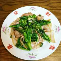 A picture of Stir-Fried Broccoli Rabe and Pork with Garlic Mustard.