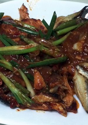 A picture of Salmon And Scallion In Chili Bean Paste Sauce.
