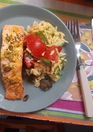 A picture of Salmon with Orzo Salad.