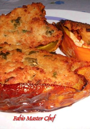 A picture of Stuffed Bell Peppers with Sausage, Smoked Scamorza, and Hard-Boiled Eggs.