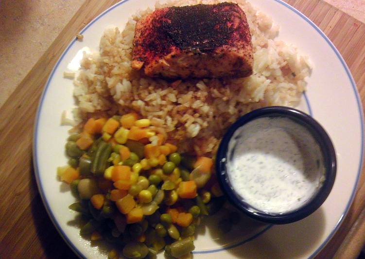 Easy Blackened Salmon with Dill Tarragon Sour Cream Dip