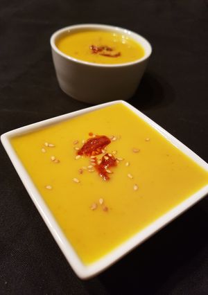 Une photo de Soupe butternut marron et chorizo