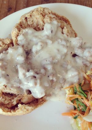 A picture of Country Style Biscuits and Sausage Gravy (from scratch!).
