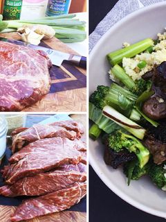 A picture of Wagyu Mongolian Beef Stir Fry with Scallion Cauliflower Fried Rice.