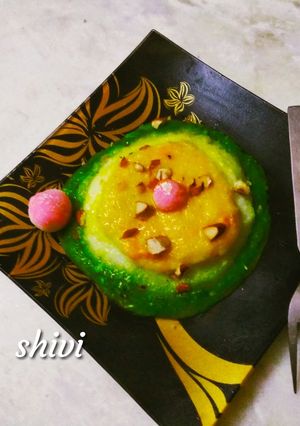A picture of Innovative indian cake capsicum halwa,mango firni and firni.
