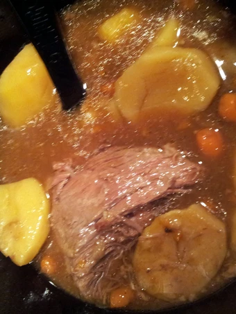 Easy Way Prepare crock pot roast potatoes carrots/  then vegs beef soup w remaining left overs the Delicious Makes you drool