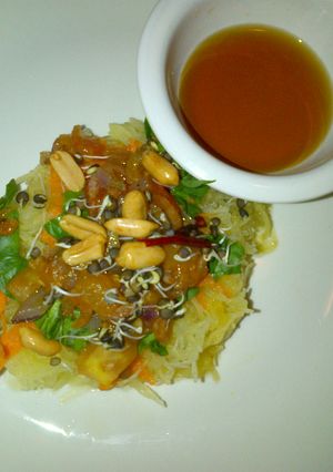 A picture of Spaghetti Squash with shrimp.