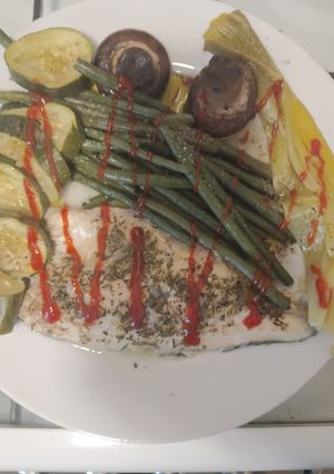 A picture of Steamed Seabass with Vegetables.