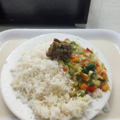 White rice with curry sauce A picture of White rice with curry sauce.
