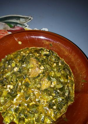 A picture of Okro with awedu and ugwu leave.