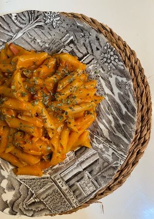 A picture of Pasta with Leek, Bacon, and Mushrooms.