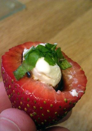A picture of Not-so-Fancy Creamy Red Goat Balls or Fancy Basil & Goat Cheese Strawberries.
