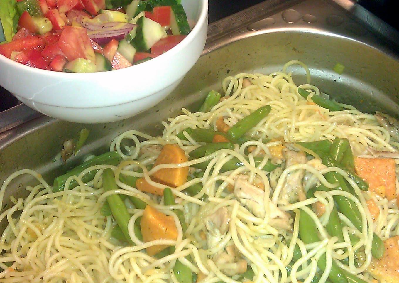 spaghetti with sweetpotatoes en greenbeans