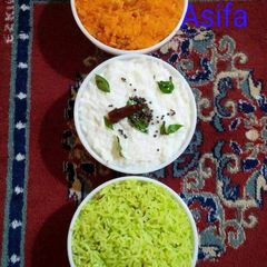 A picture of Tiranga chawal (Palak, Jeera rice, Curd rice, Zarda).