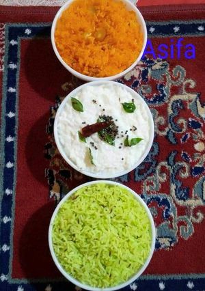 A picture of Tiranga chawal (Palak, Jeera rice, Curd rice, Zarda).