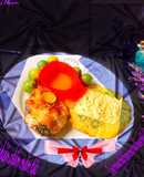 Cá chiên chấm mắm tắc Chả trứng thịt bò bằm mĩx rau bina Phủ phô mai tươi