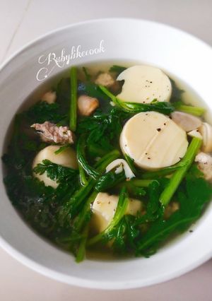Hình của món Canh rau cần đậu hủ trứng nấm rơm.