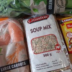 A picture of Soup with beef bones and soup mix.