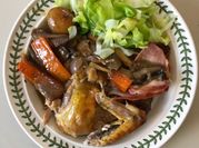 A picture of roasted vegetables and chicken