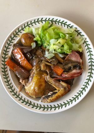 A picture of Guinea Fowl with Roasted Vegetables.