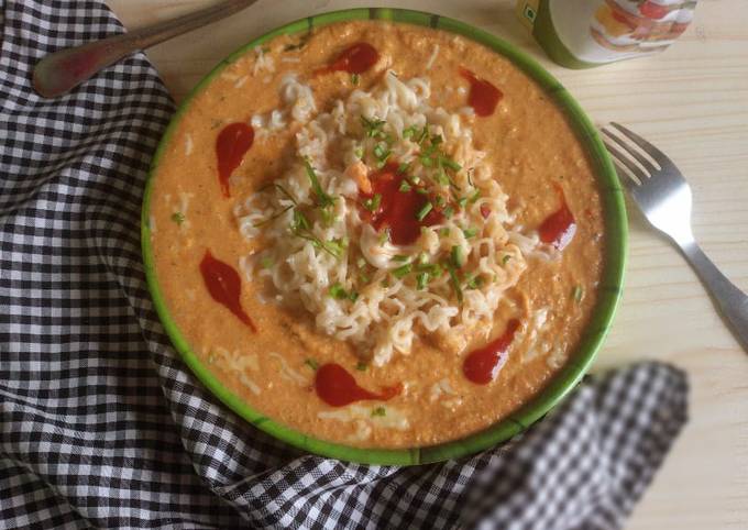 Maggi in a cheesy tomato sausage Recipe