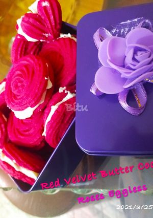 A picture of Red Velvet Butter Cookie Roses Eggless.