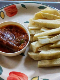 A picture of Yam Fingers and Ponmo Sauce.
