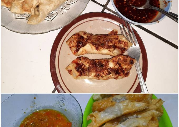 Pangsit goreng isi tetelan sapi & sambel pedas