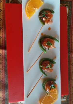 A picture of Orange glazed prawn stick.