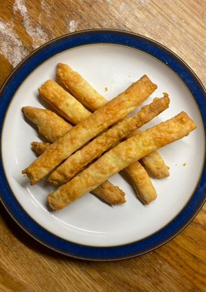 A picture of Cheese straws from excess pastry.