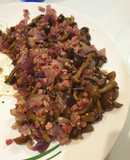 Guarnición otoñal: setas nameko salteadas con cebolla morada, ajito y taquitos de jamón 😍