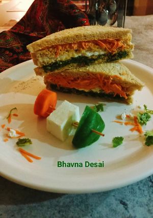 A picture of ત્રિરંગી સેન્ડવીચ.(Tricolour Sandwich Recipe in Gujarati).